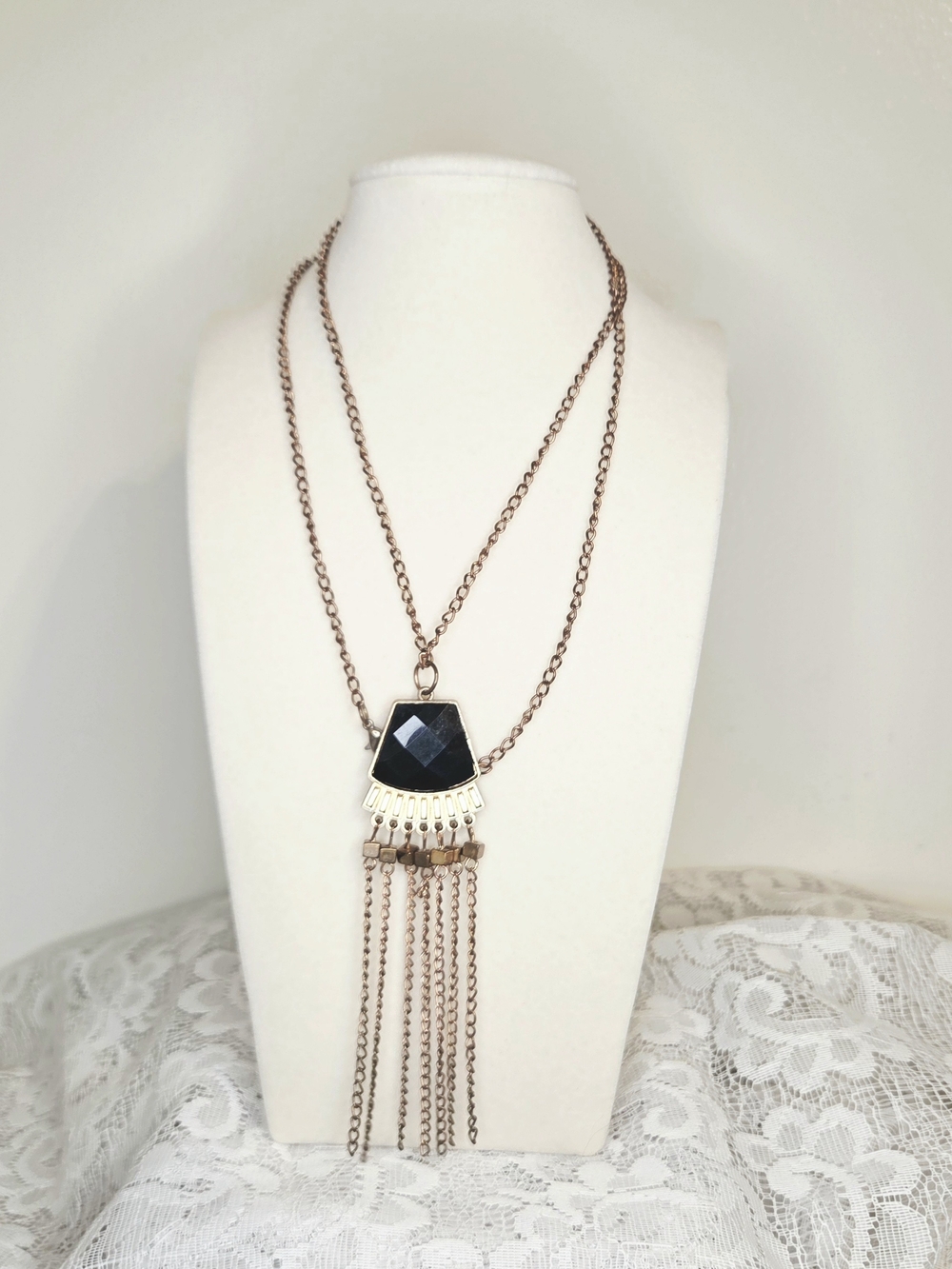 Source Unknown Black and Gold Layered Tassel Necklace